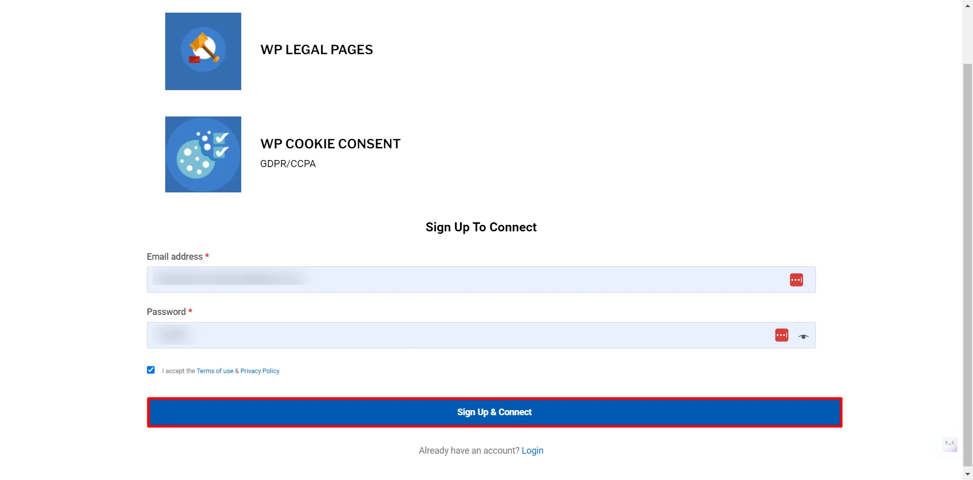 Log in and connect to you existing website - WP Legal Pages