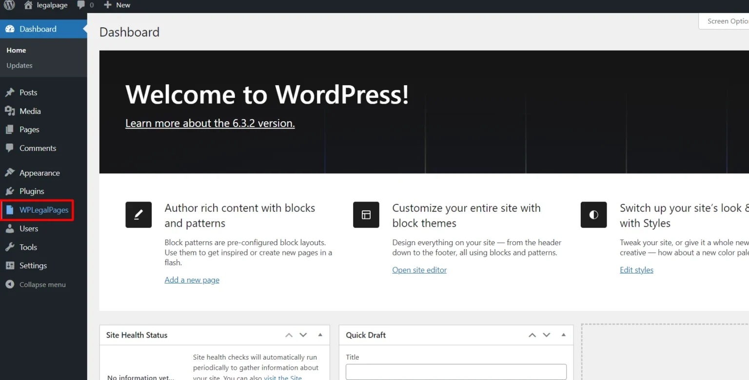 Click on WP Legal Pages from Dashboard