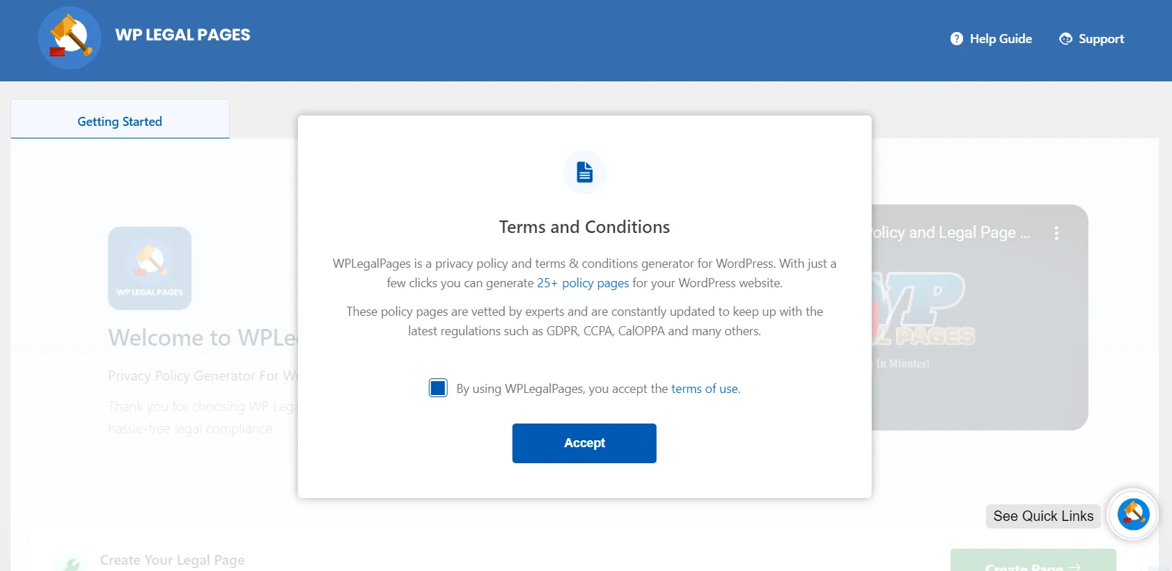 Press the Accept button - WP Legal Pages